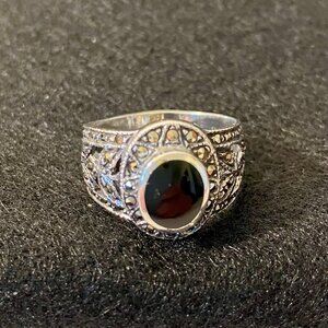 Onyx Sterling Silver Size 10 Ring Marcasites Vintage Art Deco Floral